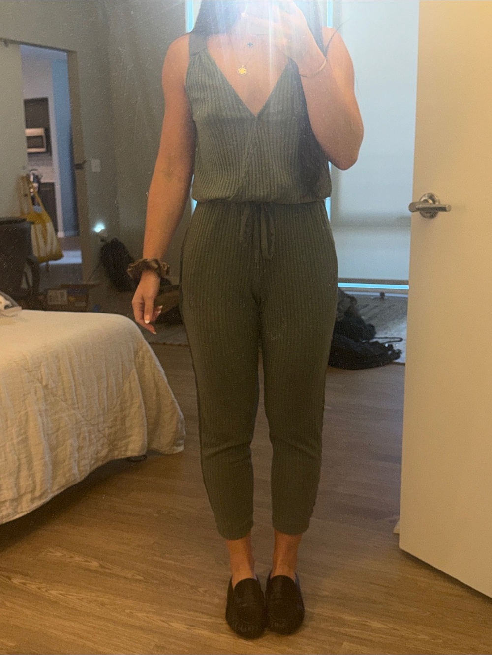 Sleeveless Olive Green V-Neck Ribbed Jumpsuit with Drawstring Waist